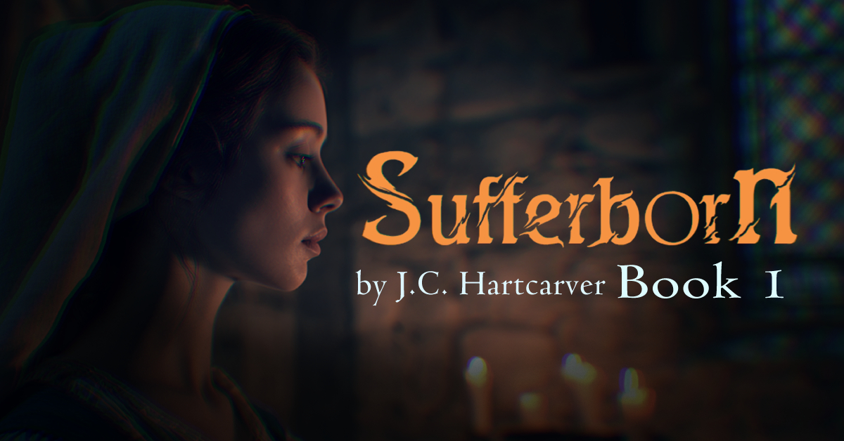 a banner image of Kalea, a convent novice wearing a white linen veil. With the logo of Sufferborn, by J.C. Hartcarver. Book 1.
